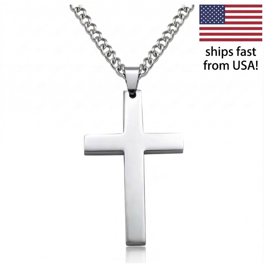 Silver Stainless Steel Cross Pendant Necklace Men Women 20-24" Curb Chain Gift